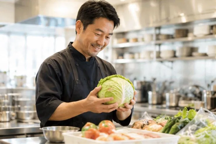 新鮮な食材を確認する店主