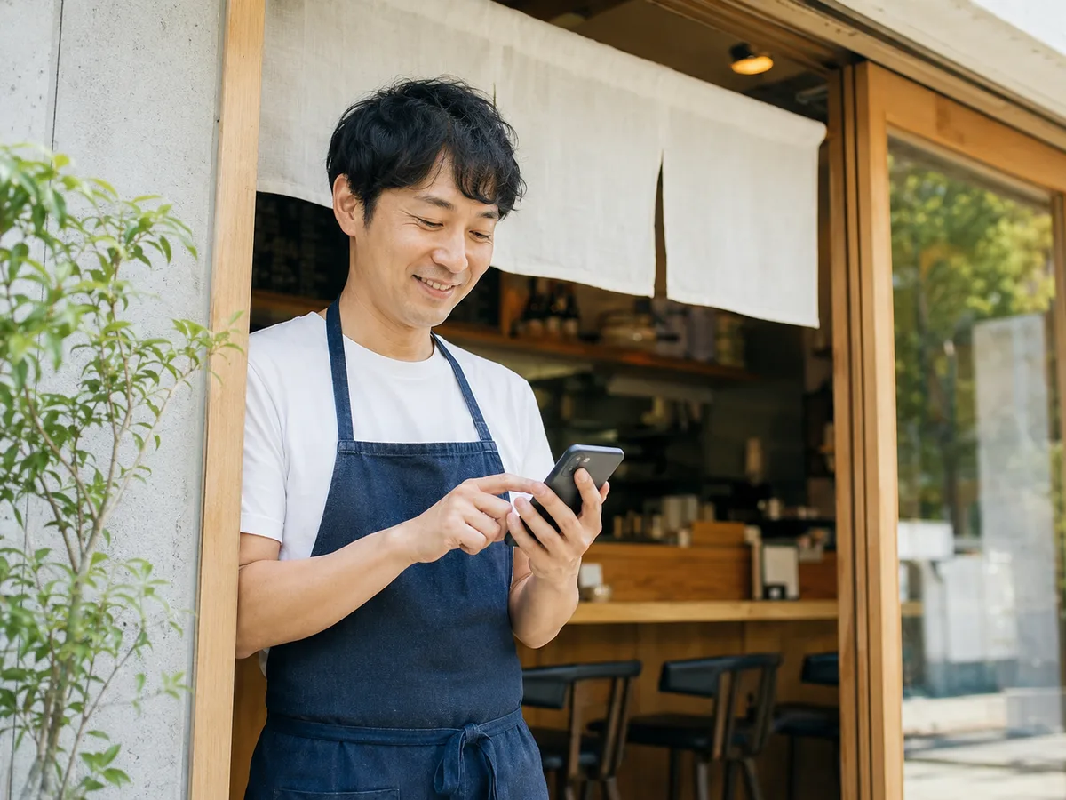 店先でスマホでお店の情報を登録するオーナー